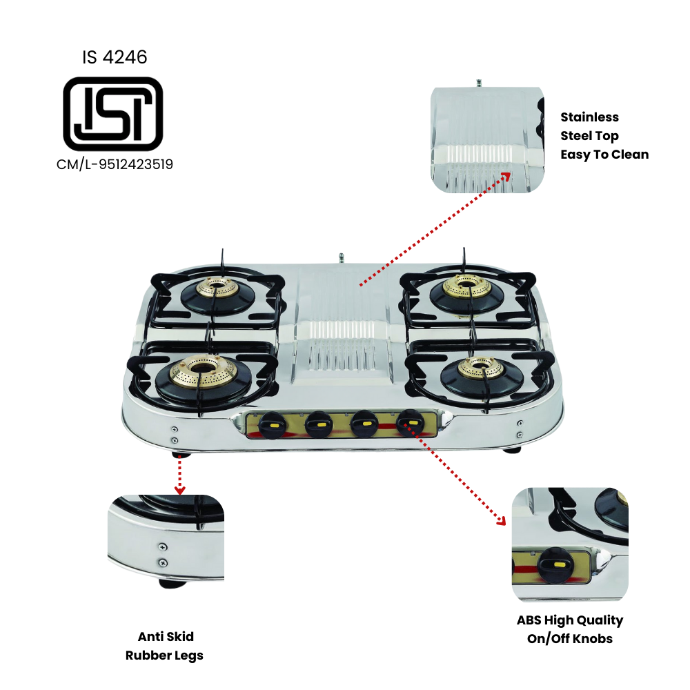 Vansh Homes Royal 4 Burner Stainless Steel LPG Gas Stove – High-Powered Brass Burners, Manual Ignition, ISI Certified, 360° Rotating Nozzle (VH-4B-401)