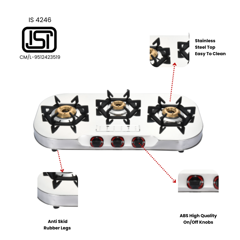 Vansh Homes Flame 3 Burner Stainless Steel LPG Gas Stove – TripleCook Cooktop, High-Efficiency Brass Burners, BIS Certified (VH-3B-303)