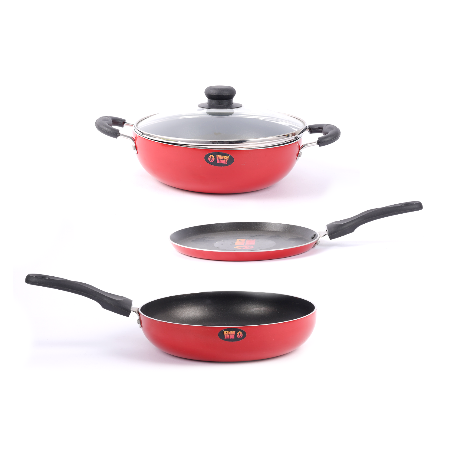Vansh Homes Premium Non-Stick Cookware Set – Red | Heavy-Duty Build | Even Heat Distribution | 1-Year Warranty (Dosa Tawa / Deep Kadhai / Fry Pan/1 Glass Lid)