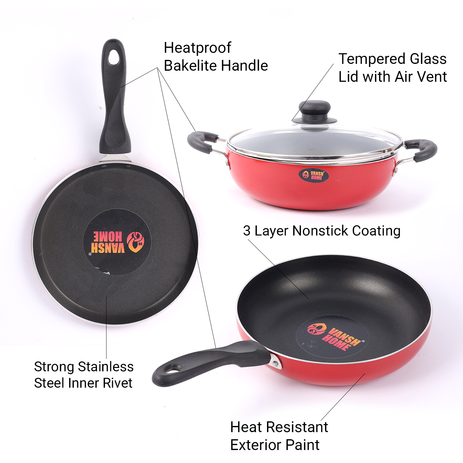 Vansh Homes Premium Non-Stick Cookware Set – Red | Heavy-Duty Build | Even Heat Distribution | 1-Year Warranty (Dosa Tawa / Deep Kadhai / Fry Pan/1 Glass Lid)