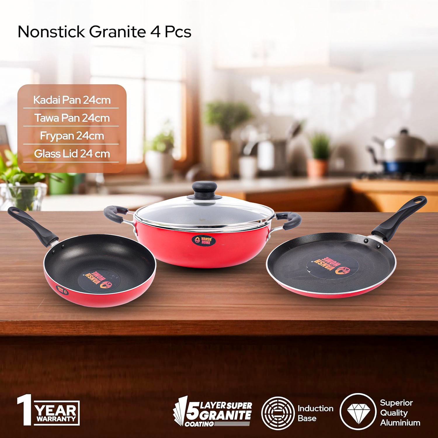 Vansh Homes Premium Non-Stick Cookware Set – Red | Heavy-Duty Build | Even Heat Distribution | 1-Year Warranty (Dosa Tawa / Deep Kadhai / Fry Pan/1 Glass Lid)