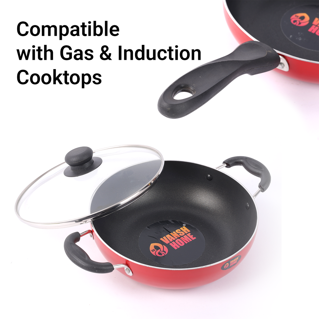 Vansh Homes Premium Non-Stick Cookware Set – Red | Heavy-Duty Build | Even Heat Distribution | 1-Year Warranty (Dosa Tawa / Deep Kadhai / Fry Pan/1 Glass Lid)