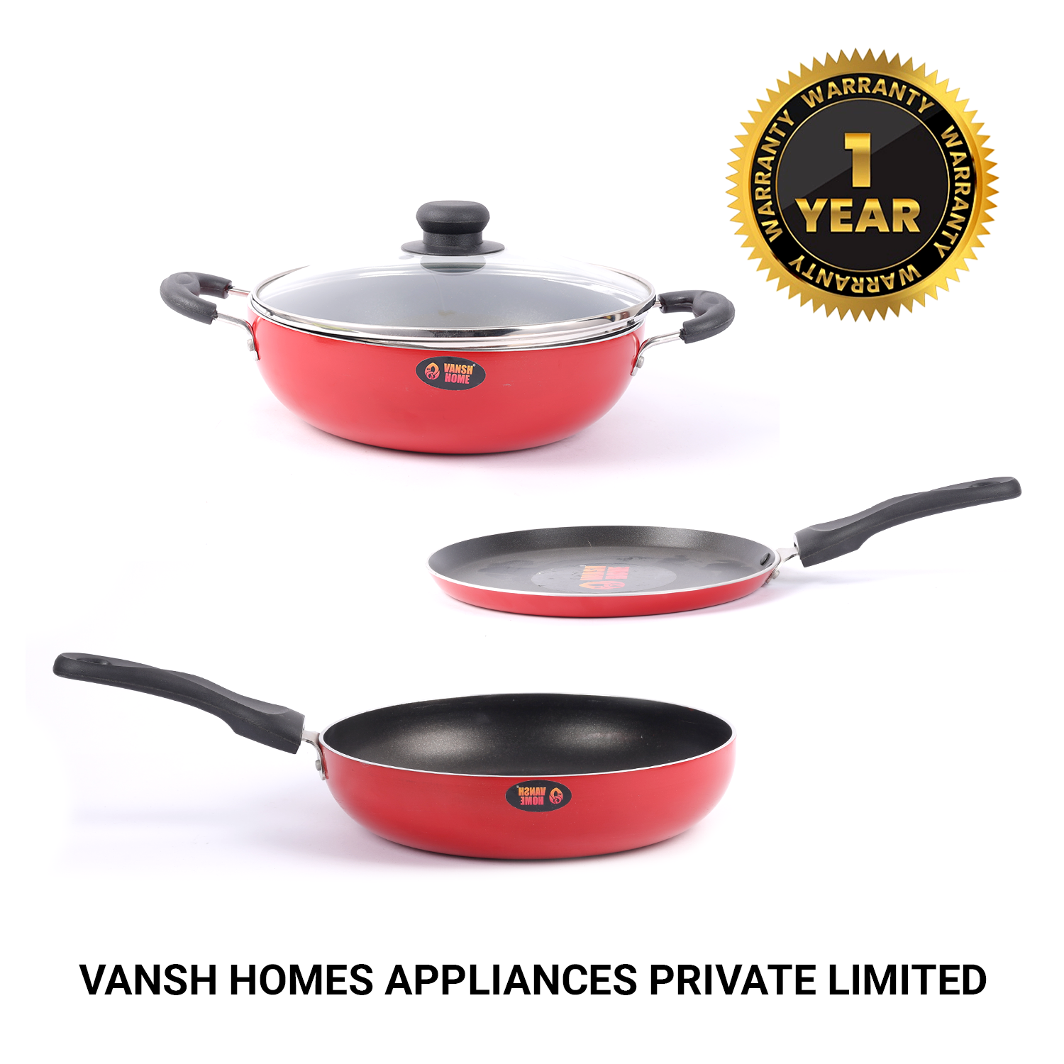 Vansh Homes Premium Non-Stick Cookware Set – Red | Heavy-Duty Build | Even Heat Distribution | 1-Year Warranty (Dosa Tawa / Deep Kadhai / Fry Pan/1 Glass Lid)