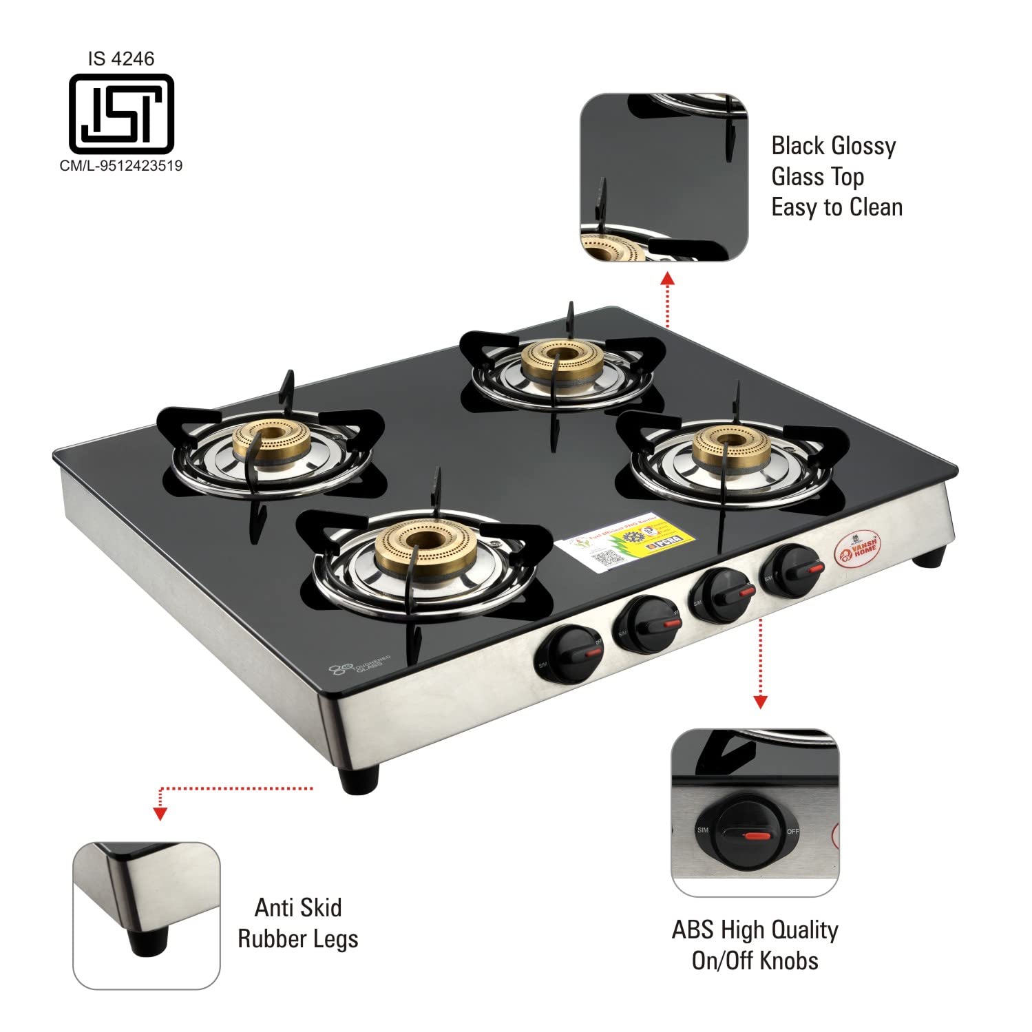 Vansh Home Glass Top Gas Stove, 4 Burner Gas Stove, Black (ISI Certified,1 year warranty) (VH-4B-402 GT)