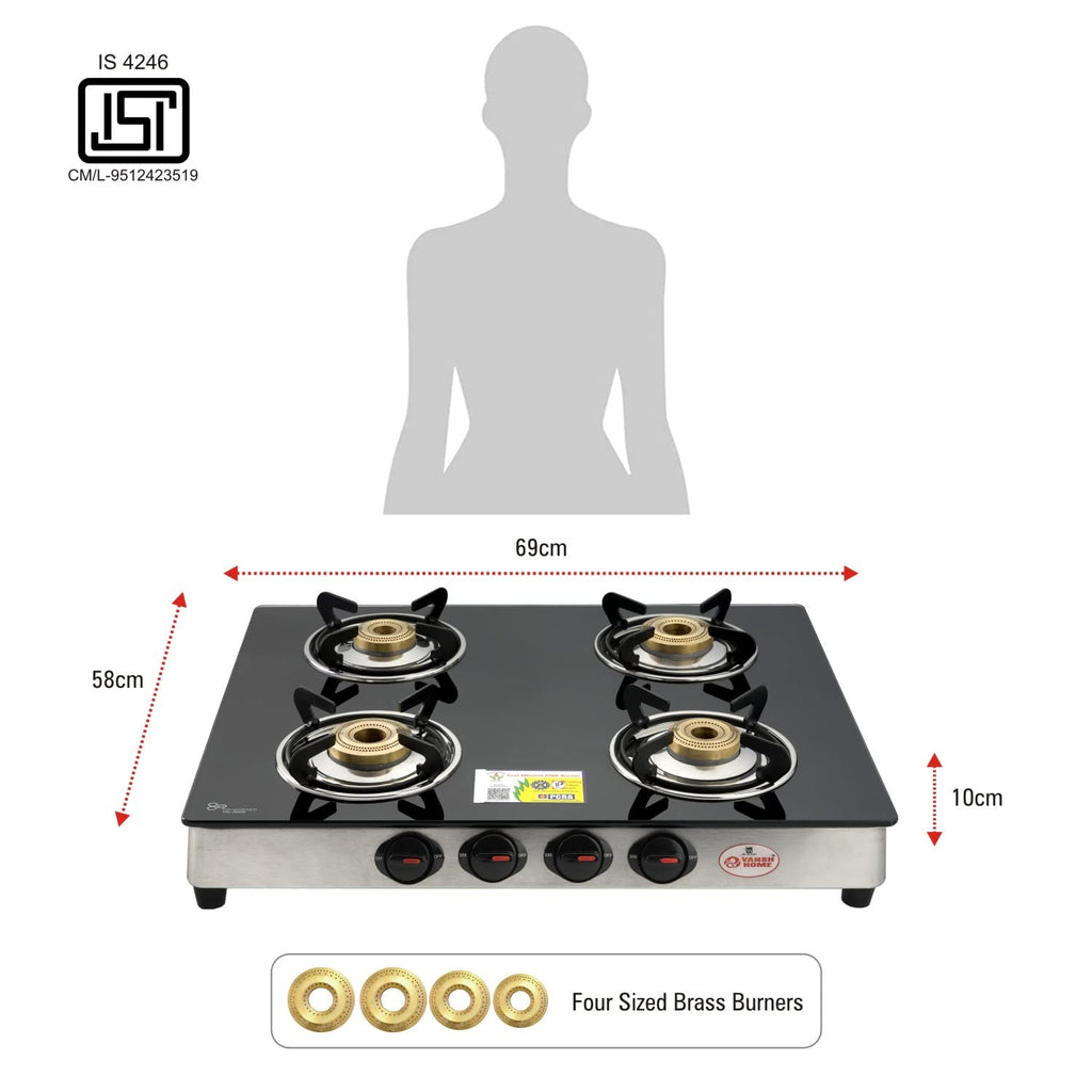 Vansh Home Glass Top Gas Stove, 4 Burner Gas Stove, Black (ISI Certified,1 year warranty) (VH-4B-402 GT)