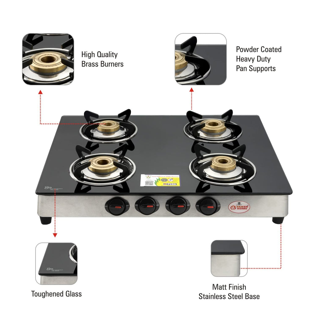 Vansh Home Glass Top Gas Stove, 4 Burner Gas Stove, Black (ISI Certified,1 year warranty) (VH-4B-402 GT)