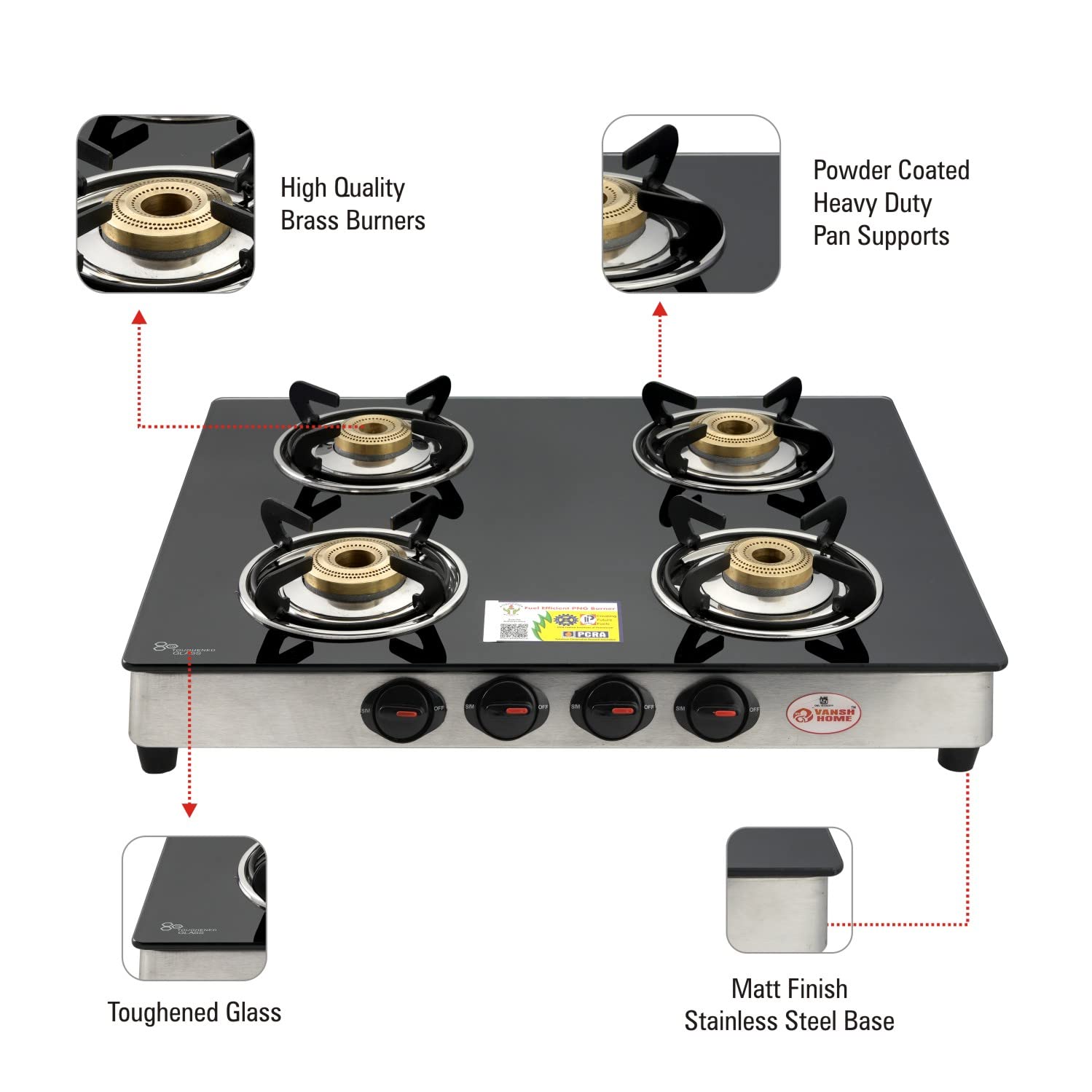 Vansh Home Glass Top Gas Stove, 4 Burner Gas Stove, Black (ISI Certified,1 year warranty) (VH-4B-402 GT)