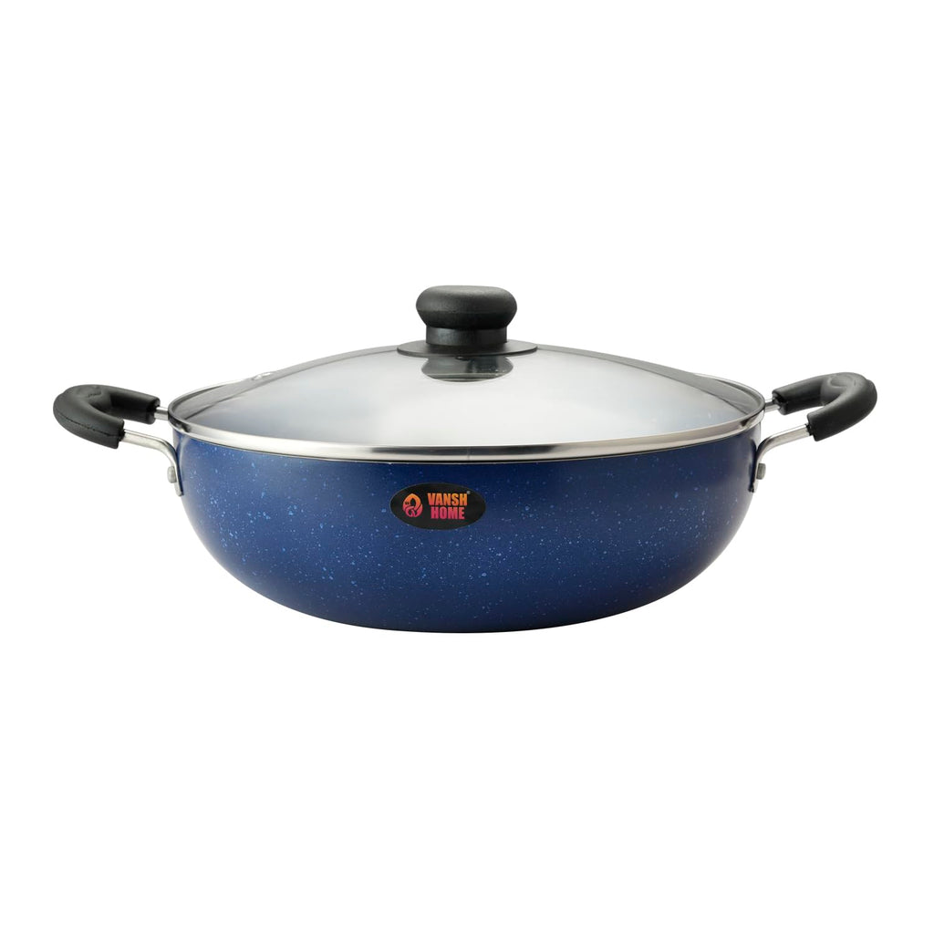 Non-Stick Kadai with Glass Lid, Blue, Deep Frying Pan with Handles