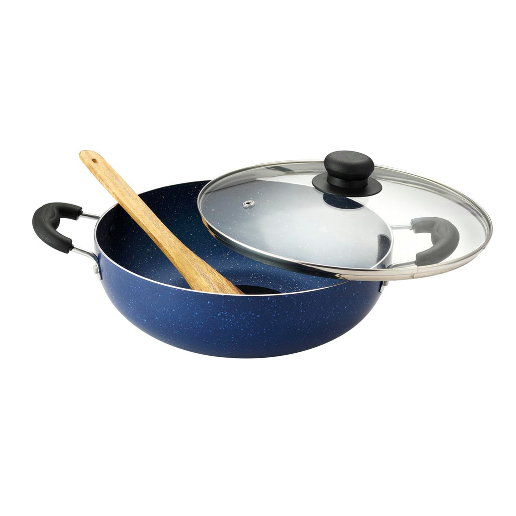 Non-Stick Kadai with Glass Lid, Blue, Deep Frying Pan with Handles
