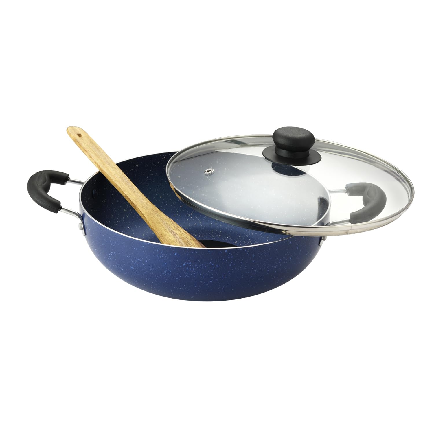Non-Stick Kadai with Glass Lid, Blue, Deep Frying Pan with Handles