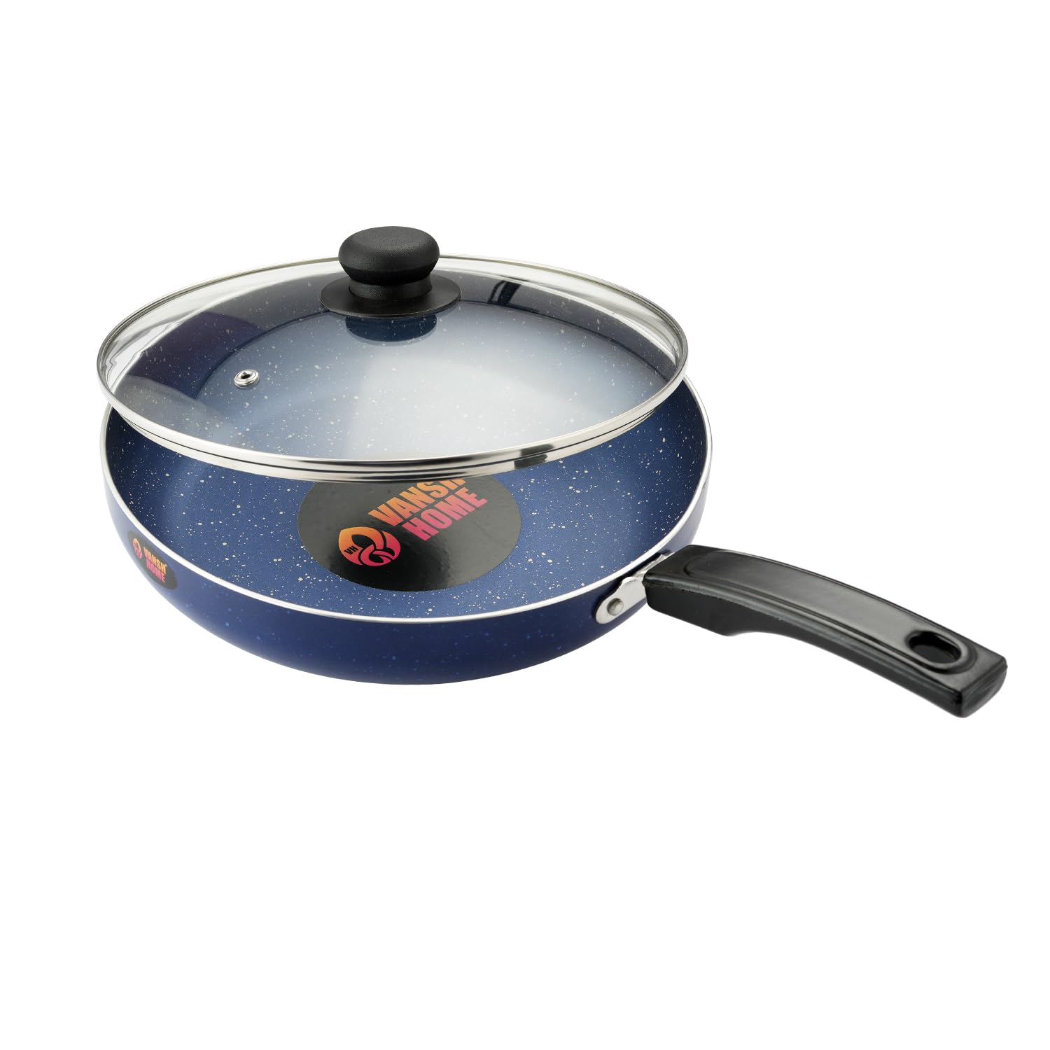 Vansh Home Non-Stick Fry Pan with Glass Lid, Blue, Bakelite Handle, Cookware