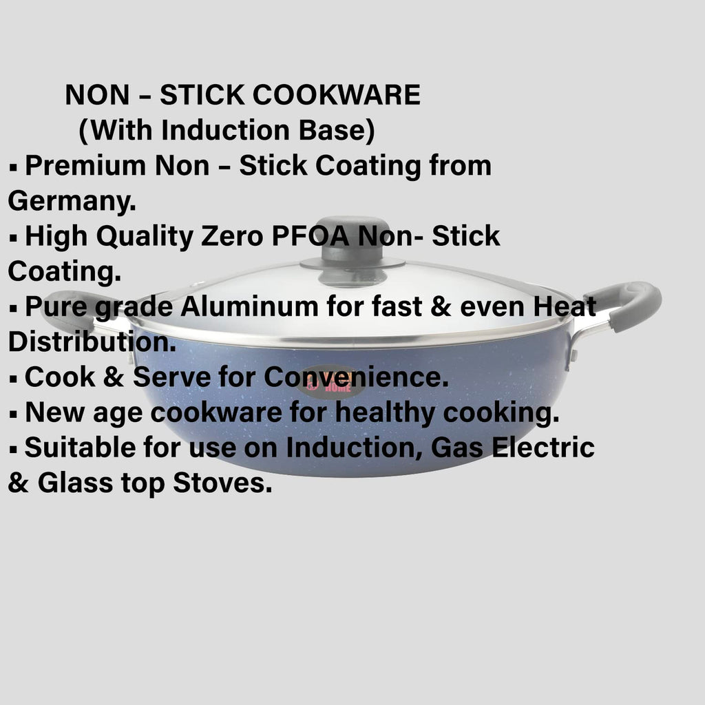 Non-Stick Kadai with Glass Lid, Blue, Deep Frying Pan with Handles