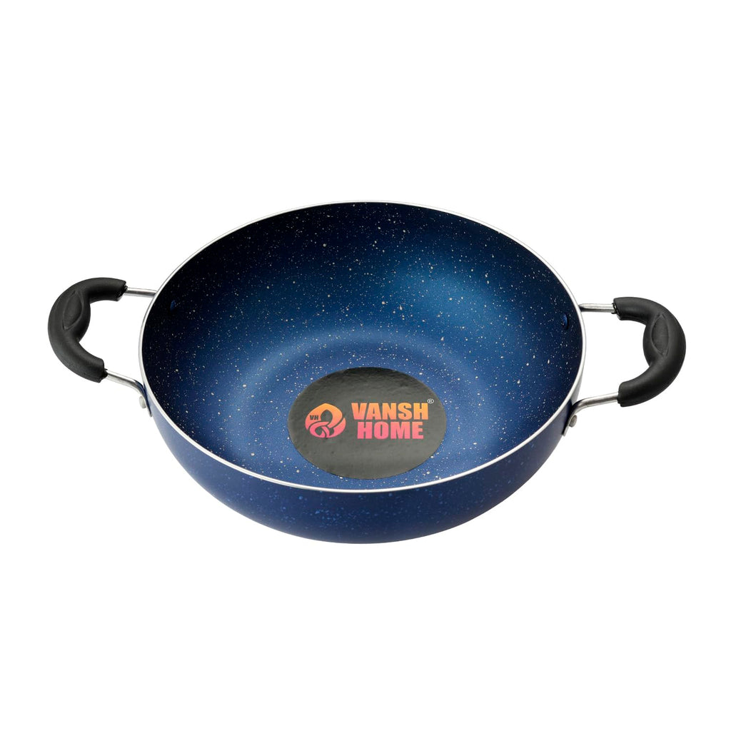 Non-Stick Kadai with Glass Lid, Blue, Deep Frying Pan with Handles