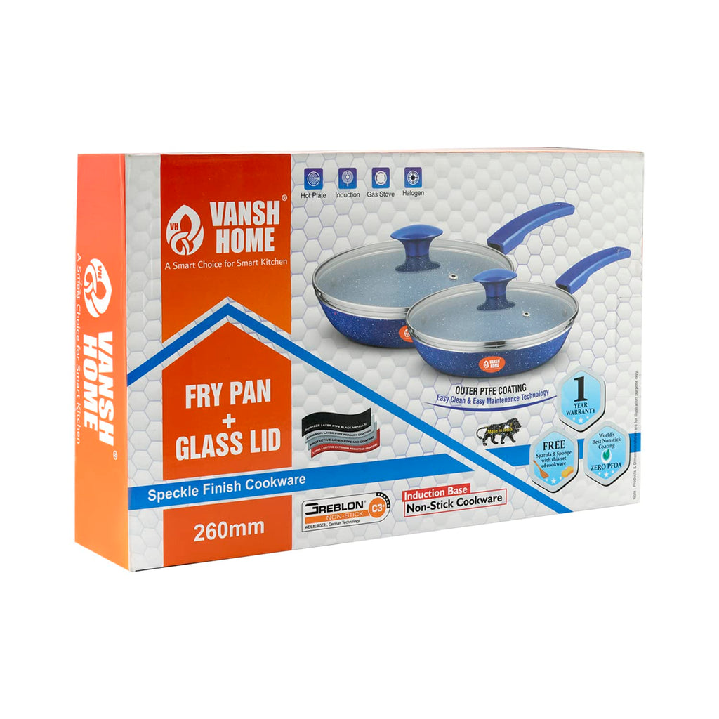 Vansh Home Non-Stick Fry Pan with Glass Lid, Blue, Bakelite Handle, Cookware