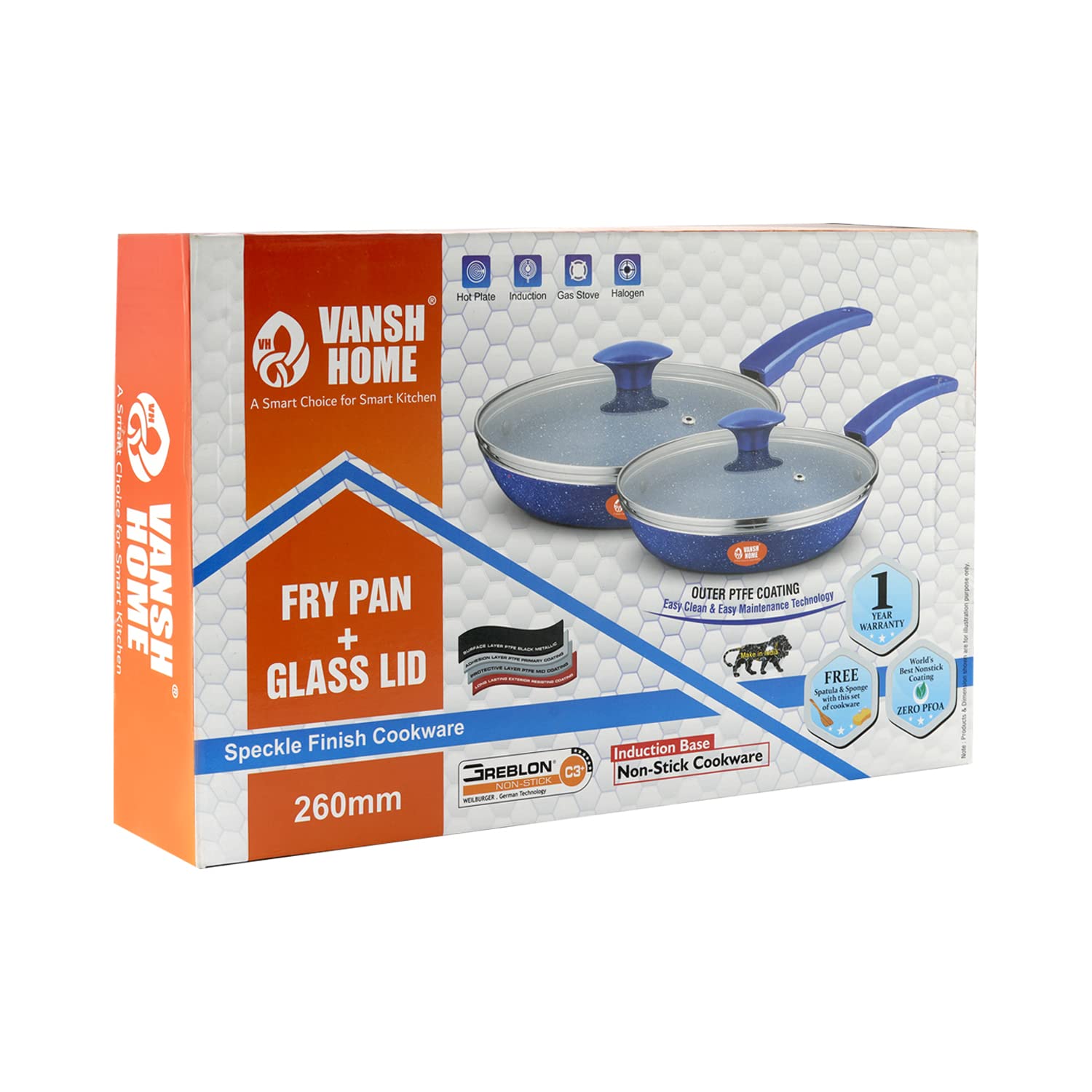 Vansh Home Non-Stick Fry Pan with Glass Lid, Blue, Bakelite Handle, Cookware