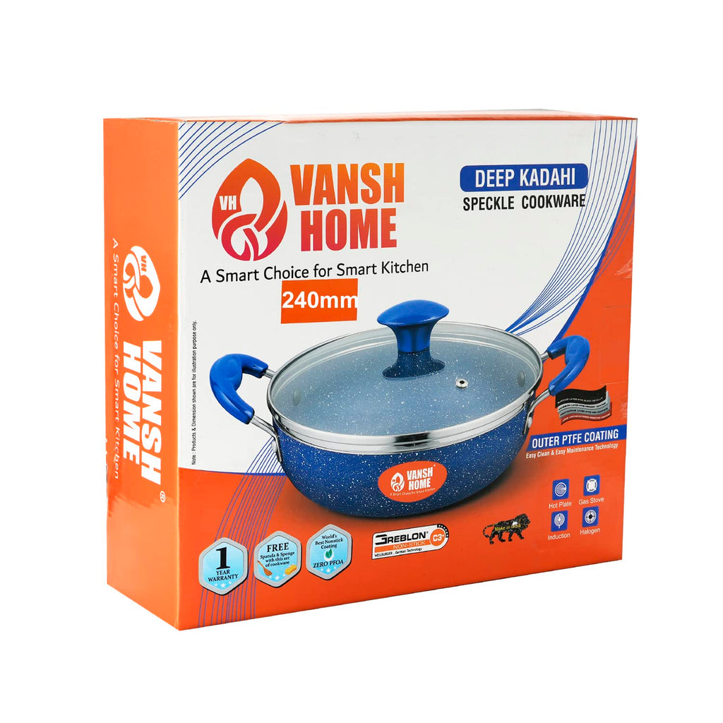 Non-Stick Kadai with Glass Lid, Blue, Deep Frying Pan with Handles