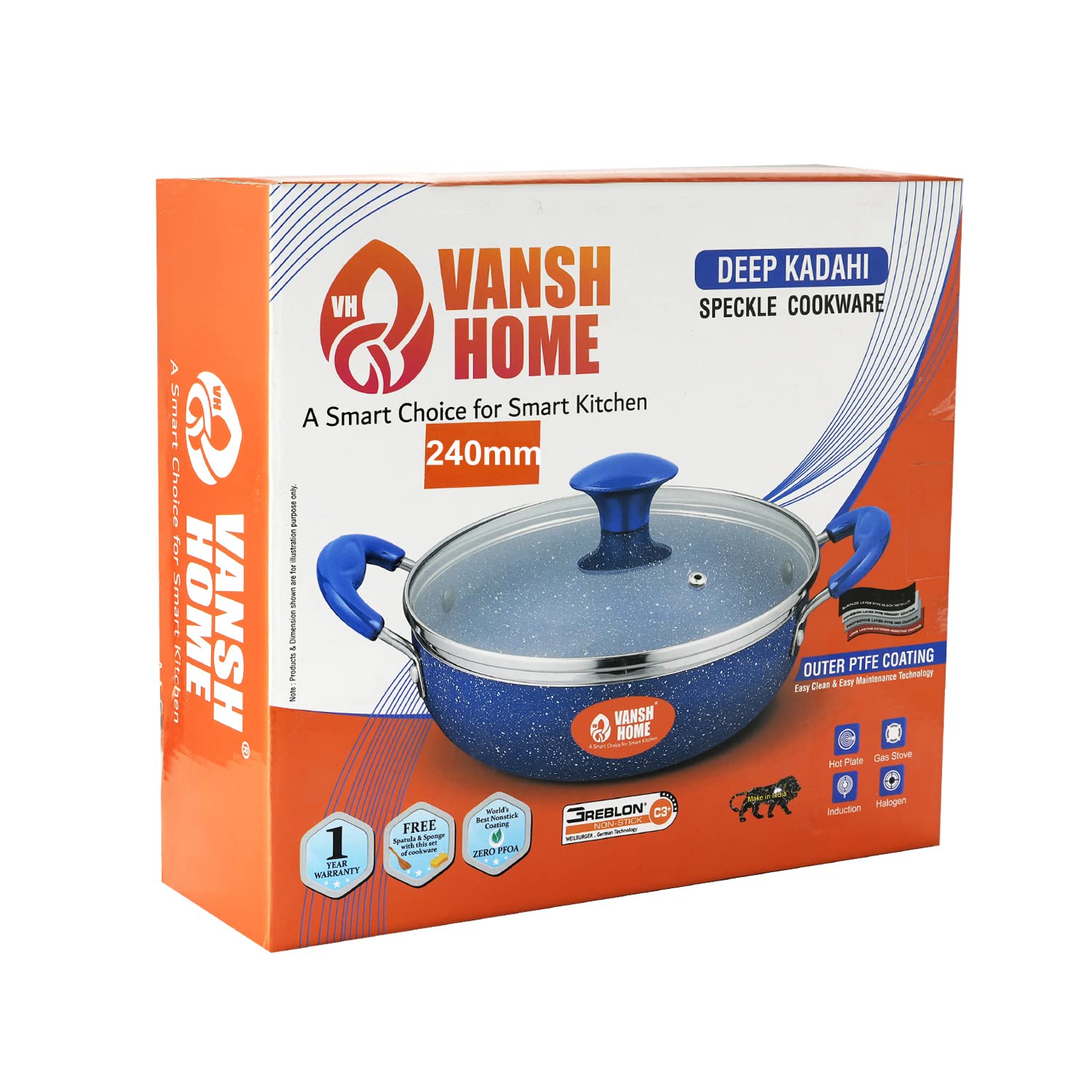 Non-Stick Kadai with Glass Lid, Blue, Deep Frying Pan with Handles