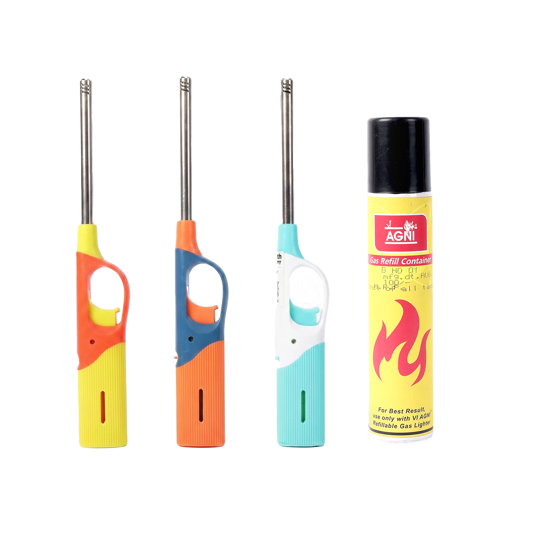 Vansh Home Pack of 3 Gas Flame Lighters with Refill Can | ABS Heavy-Duty Lighter Set | Instant Ignition | Multicolour