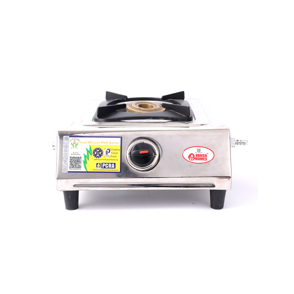 Vansh Homes 1 Burner Gas Stove – High-Efficiency Brass Burner, Stainless Steel Body, Manual Ignition (VH-1B-101)