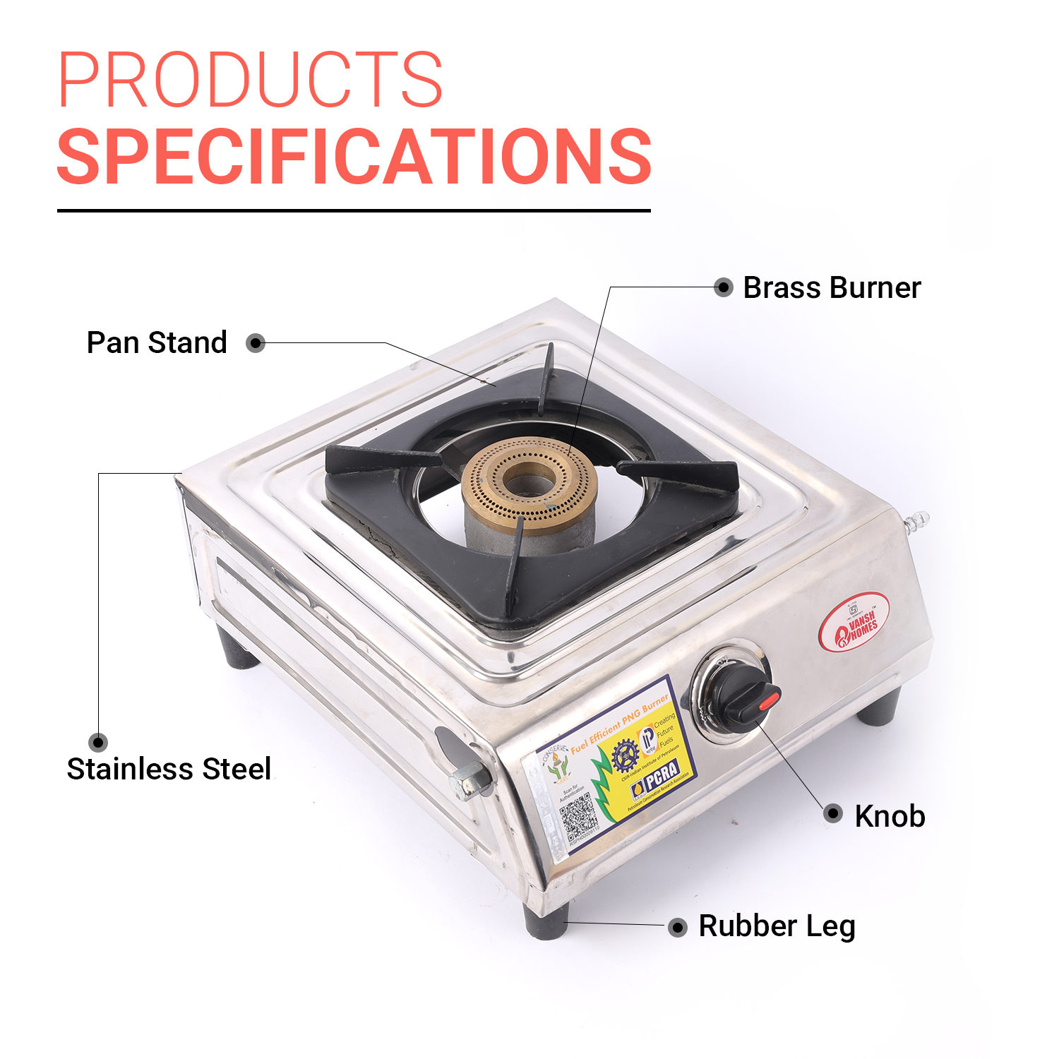Vansh Homes Gas Stove | High-Efficiency Brass Burners |  Stainless Steel Body | Manual Ignition 1 Burner
