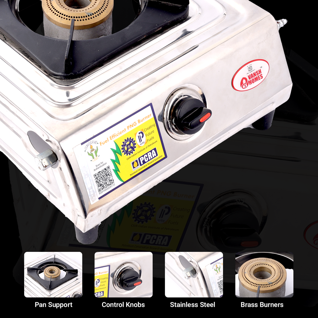 Vansh Homes 1 Burner Gas Stove – High-Efficiency Brass Burner, Stainless Steel Body, Manual Ignition (VH-1B-101)