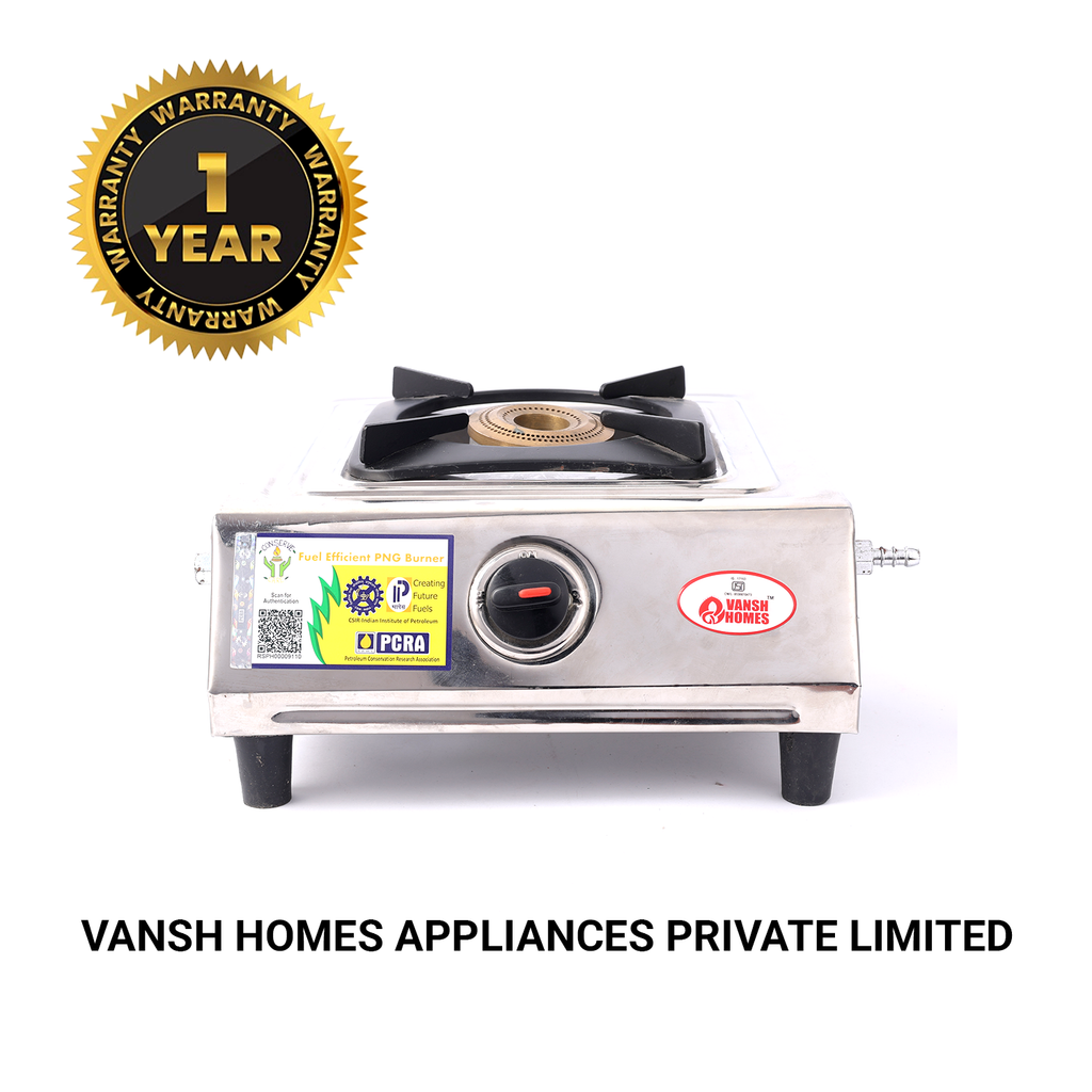 Vansh Homes 1 Burner Gas Stove – High-Efficiency Brass Burner, Stainless Steel Body, Manual Ignition (VH-1B-101)