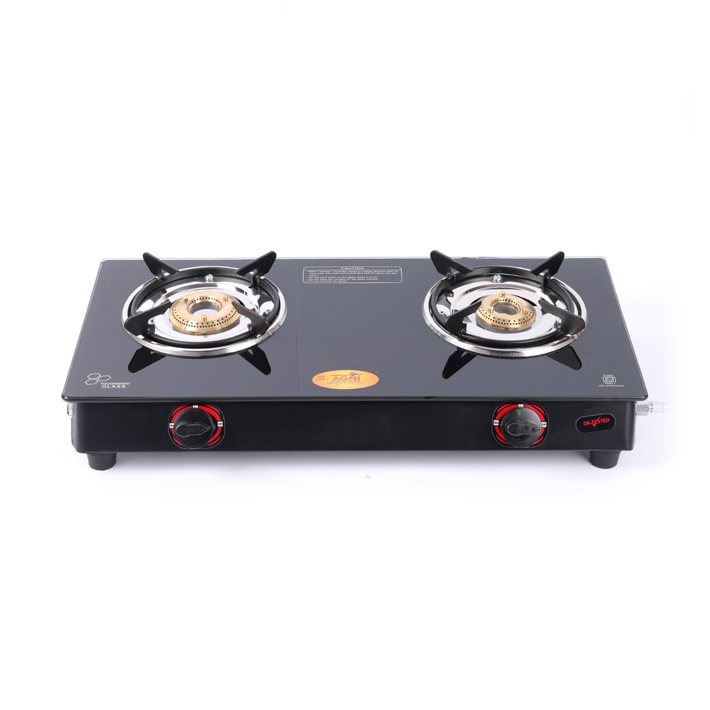 Vansh Homes Premium 2 Burner Glass Top Gas Stove – 6MM Toughened Glass, High Efficiency Brass Burners, ISI Certified (VH-2B-202-GT)