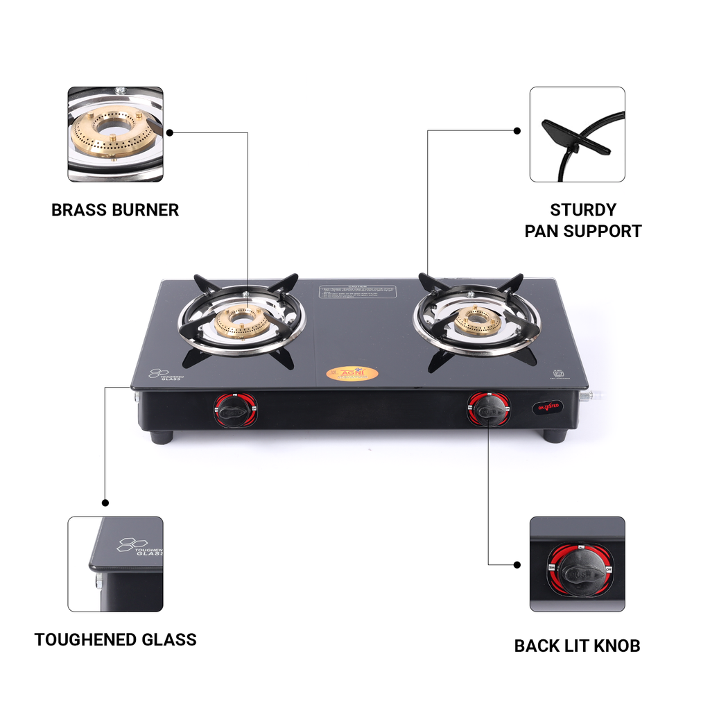 Vansh Homes Premium 2 Burner Glass Top Gas Stove – 6MM Toughened Glass, High Efficiency Brass Burners, ISI Certified (VH-2B-202-GT)