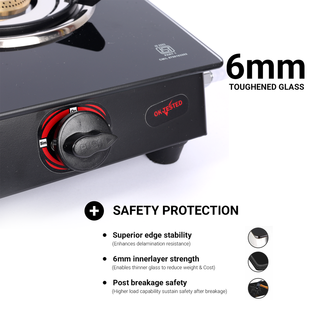Vansh Homes Premium 2 Burner Glass Top Gas Stove – 6MM Toughened Glass, High Efficiency Brass Burners, ISI Certified (VH-2B-202-GT)