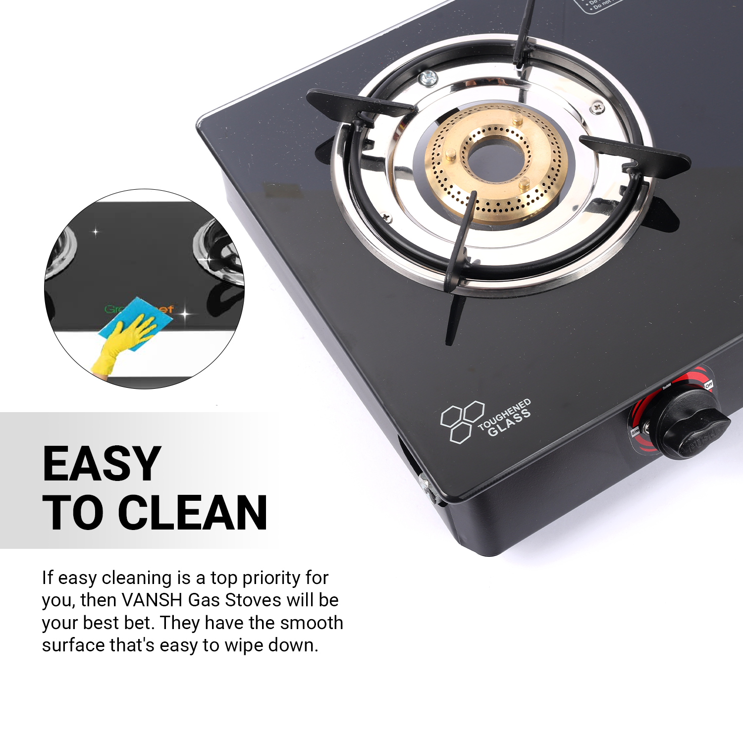Vansh Homes Premium Glass Top 6MM Gas Stove – High Efficiency Burners, Toughened Glass, ISI Certified, Easy Clean Design 2 Burner