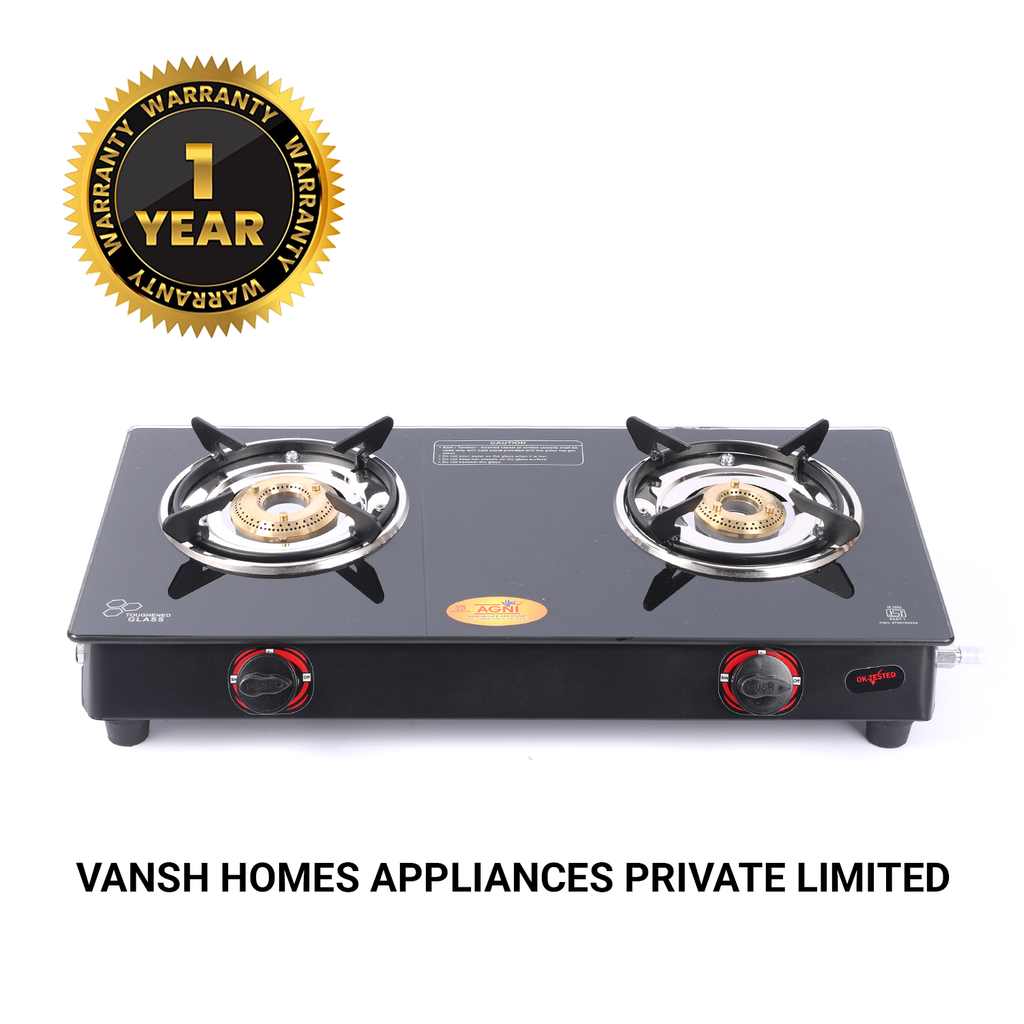 Vansh Homes Premium 2 Burner Glass Top Gas Stove – 6MM Toughened Glass, High Efficiency Brass Burners, ISI Certified (VH-2B-202-GT)
