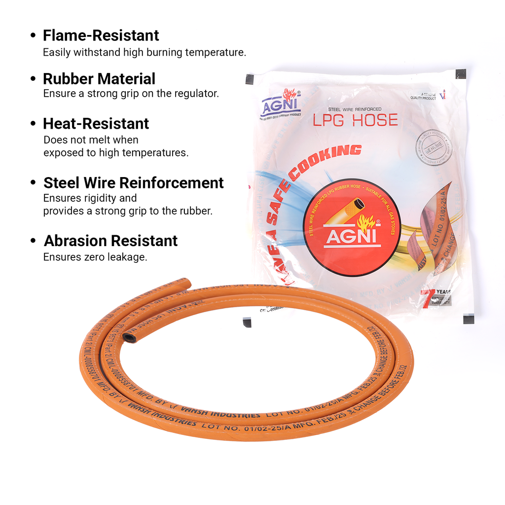 Vansh Homes LPG Gas Hose Pipe – 1.5 Meter Standard Rubber Pipe, Compatible with All Gas Stoves &amp; Regulators, ISI-Like Safety, 5-Year Warranty (VI-LH-02)