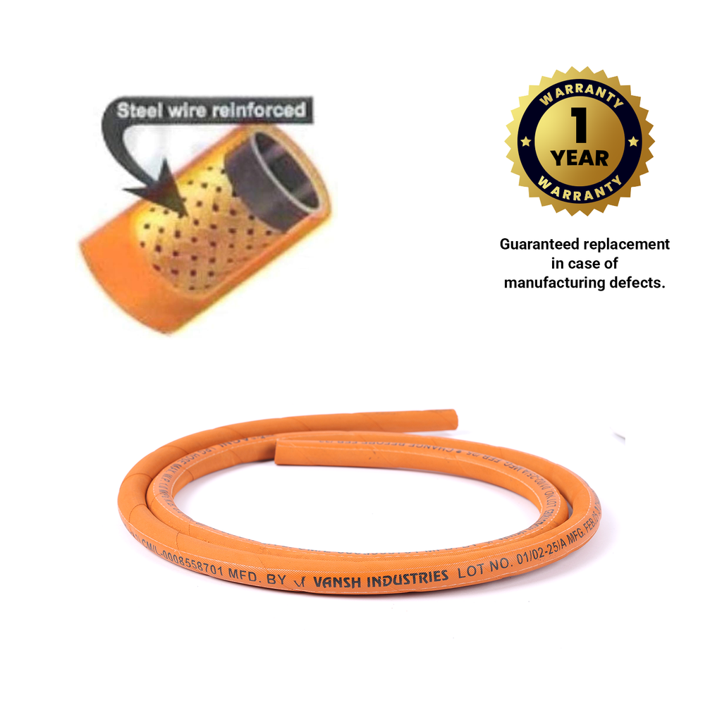 Vansh Homes LPG Gas Hose Pipe – 1.5 Meter Standard Rubber Pipe, Compatible with All Gas Stoves &amp; Regulators, ISI-Like Safety, 5-Year Warranty (VI-LH-02)