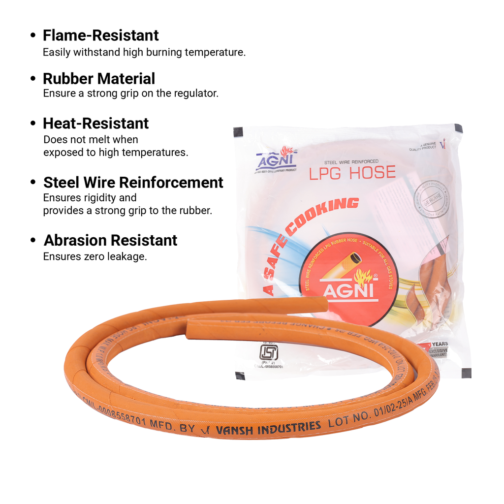 Vansh Homes LPG Gas Hose Pipe – 1.5 Meter Standard Rubber Pipe, Compatible with All Gas Stoves &amp; Regulators, ISI-Like Safety, 5-Year Warranty (VI-LH-02)
