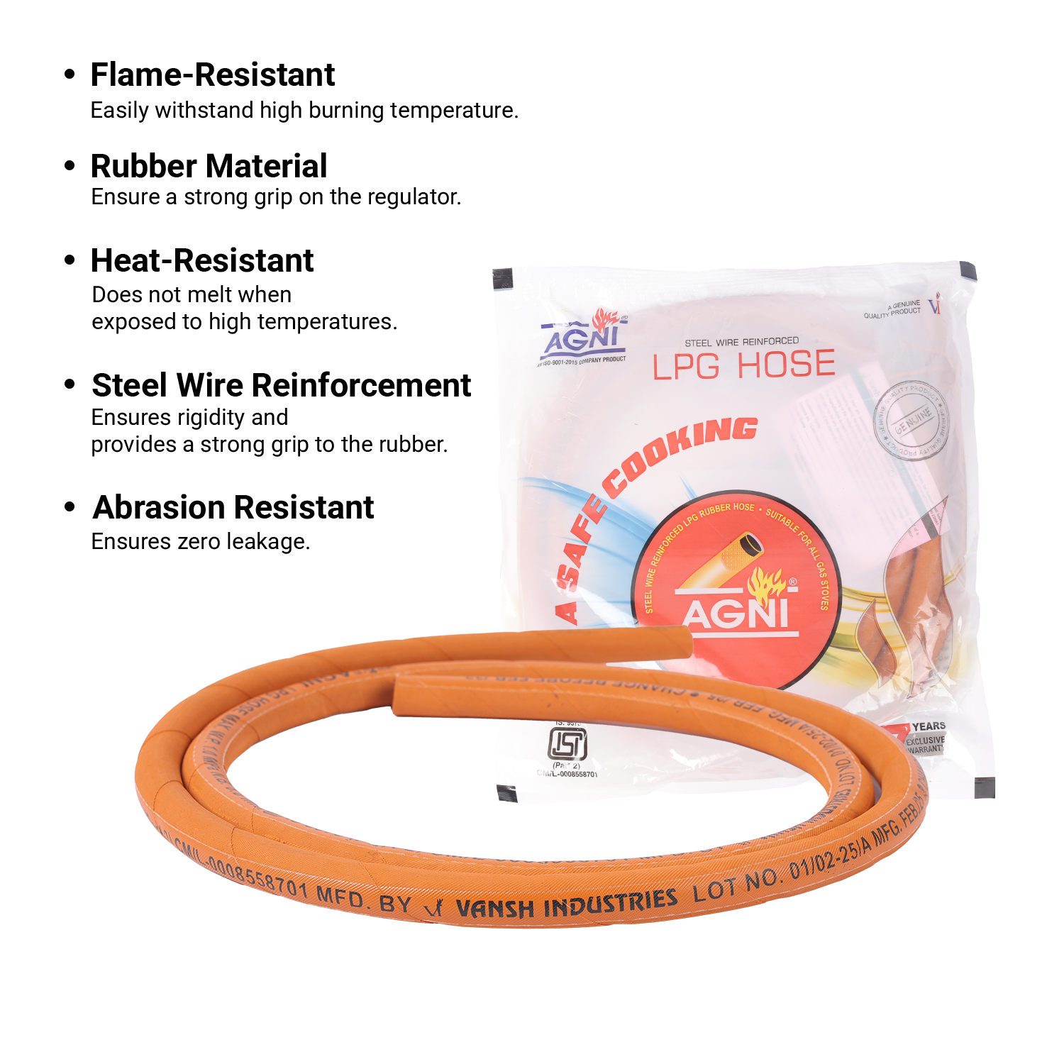 Vansh Homes LPG Gas Hose Pipe – 1.5 Meter Standard Rubber Pipe, Compatible with All Gas Stoves &amp; Regulators, ISI-Like Safety, 5-Year Warranty (VI-LH-02)