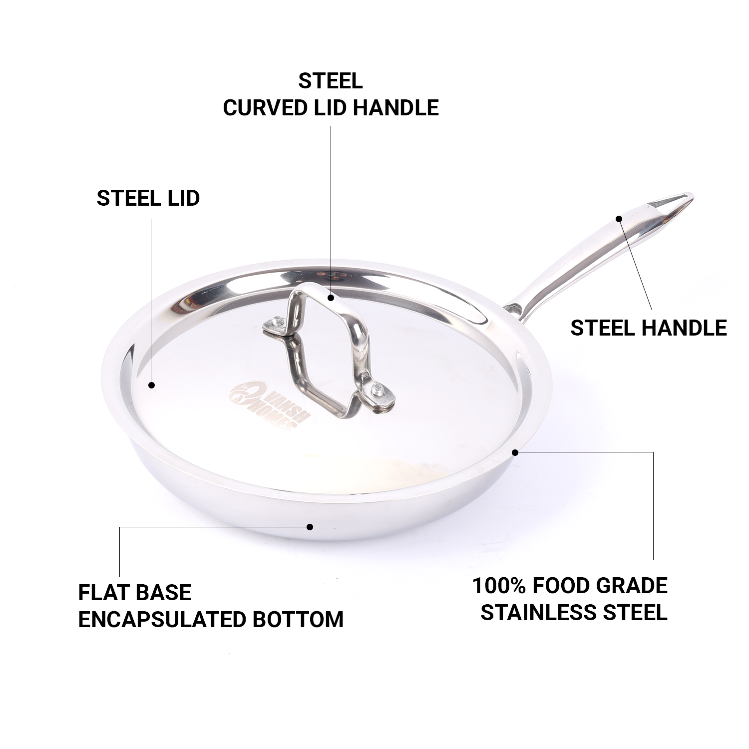 Vansh Homes Stainless Steel Fry Pan | Heavy-Duty Base | Induction & Gas Compatible | Grey Finish | 1-Year Warranty