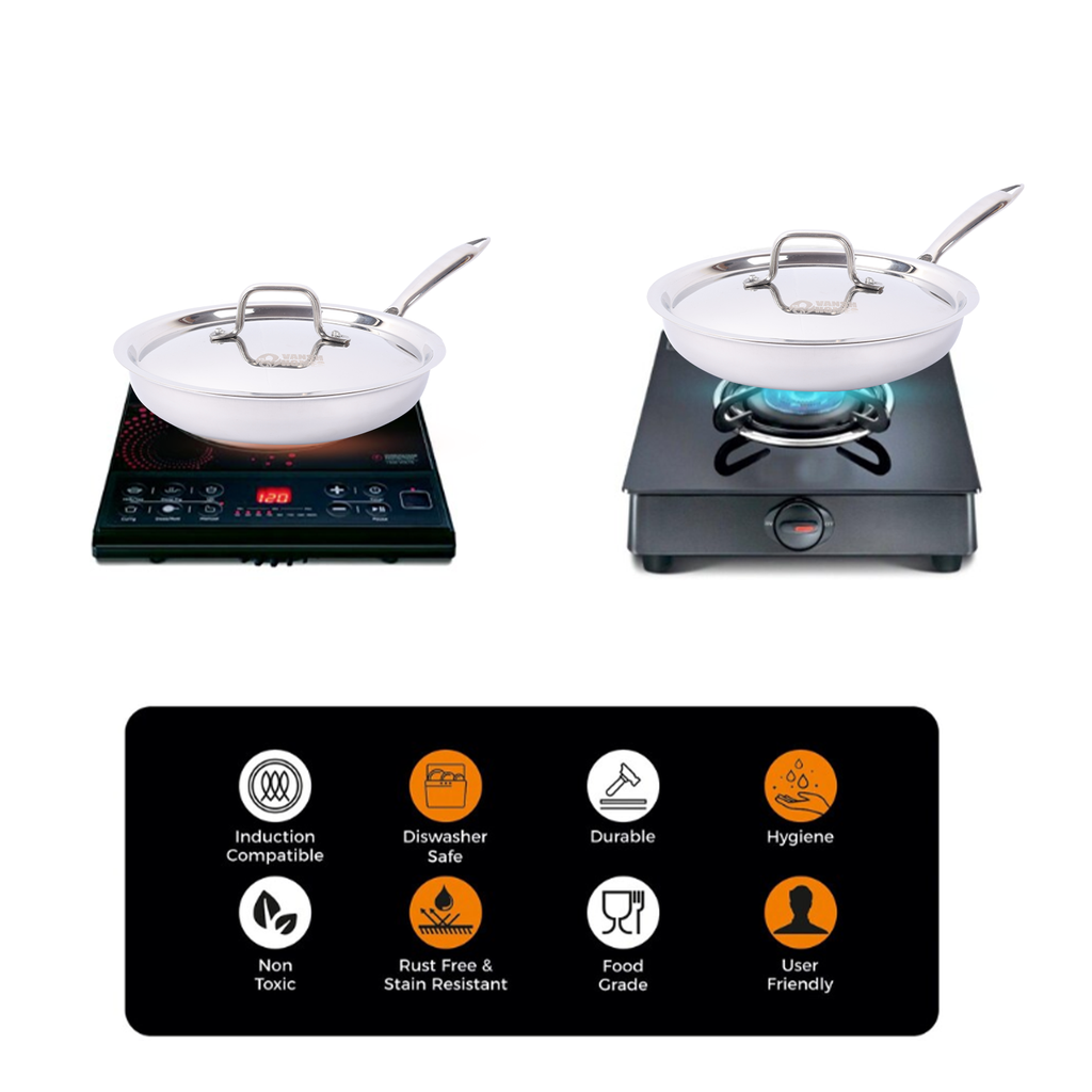 Vansh Homes Stainless Steel Fry Pan | Heavy-Duty Base | Induction & Gas Compatible | Grey Finish | 1-Year Warranty