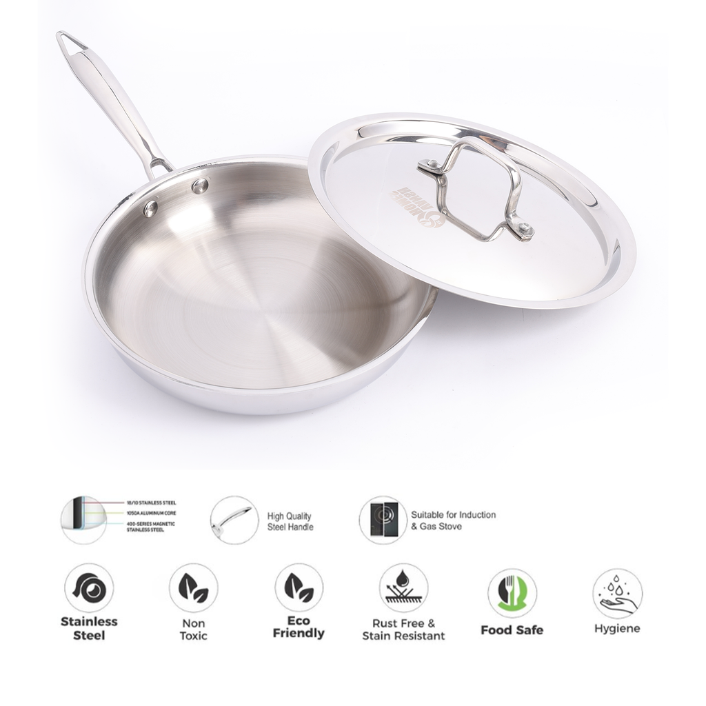 Vansh Homes Stainless Steel Fry Pan | Heavy-Duty Base | Induction & Gas Compatible | Grey Finish | 1-Year Warranty
