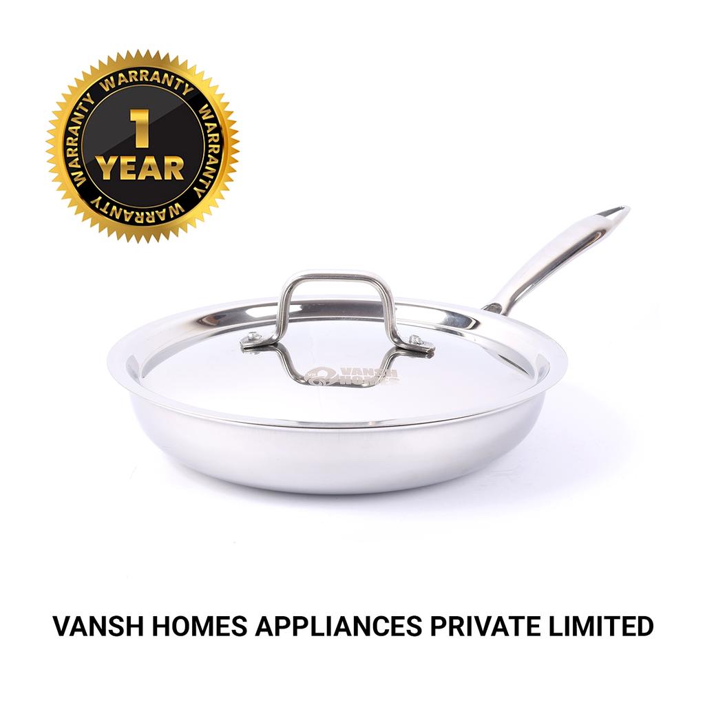 Vansh Homes Stainless Steel Fry Pan | Heavy-Duty Base | Induction & Gas Compatible | Grey Finish | 1-Year Warranty
