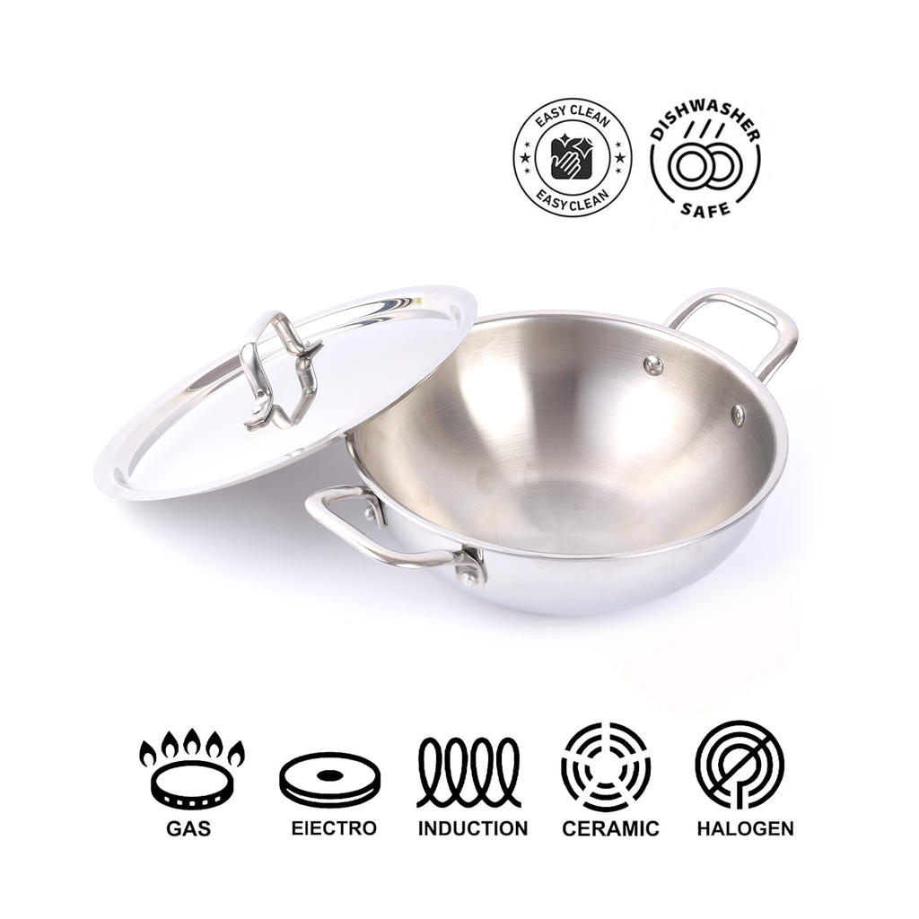 Vansh Homes Stainless Steel Kadahi | Heavy Base | Deep Cooking Kadhai | Grey Finish | Model VT-TP-208 | 1-Year Warranty
