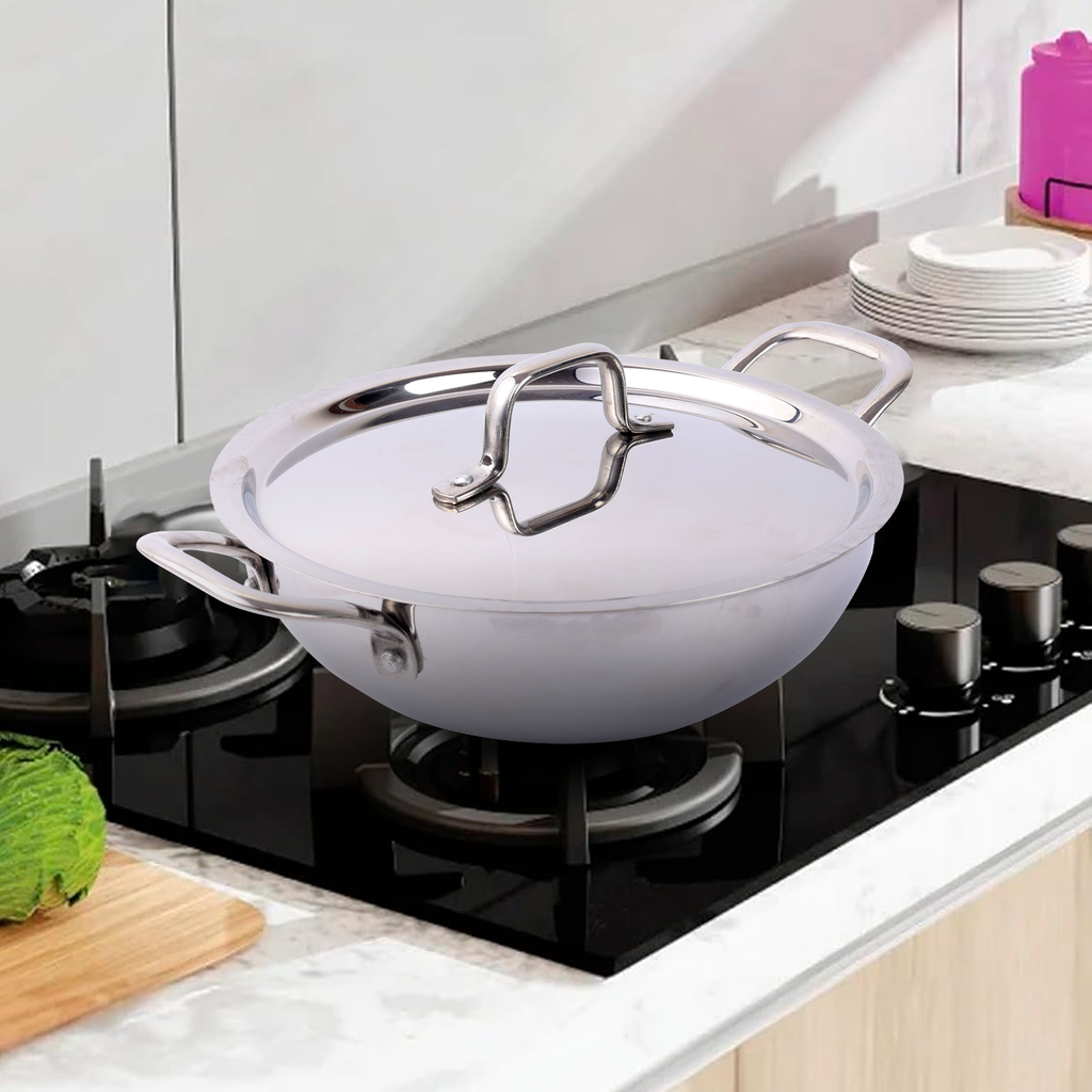 Vansh Homes Stainless Steel Kadahi | Heavy Base | Deep Cooking Kadhai | Grey Finish | Model VT-TP-208 | 1-Year Warranty