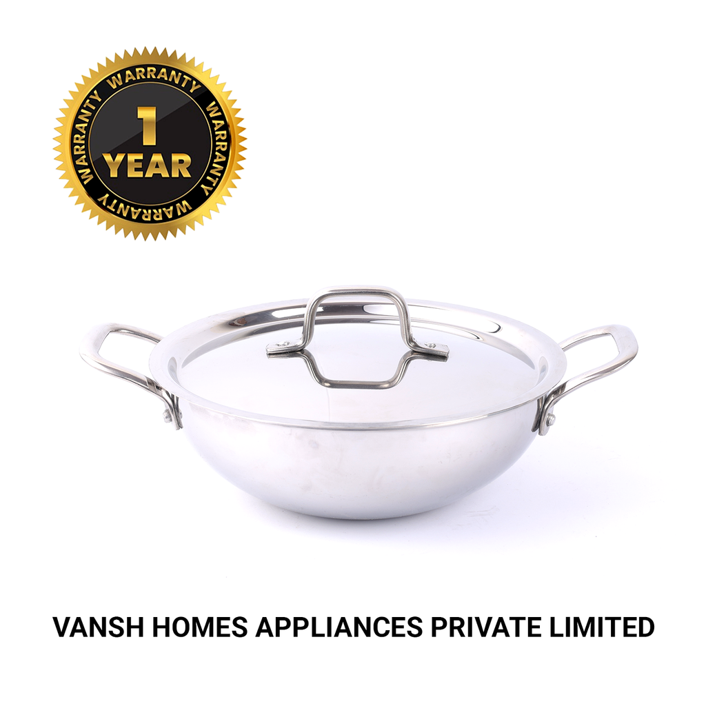 Vansh Homes Stainless Steel Kadahi | Heavy Base | Deep Cooking Kadhai | Grey Finish | Model VT-TP-208 | 1-Year Warranty