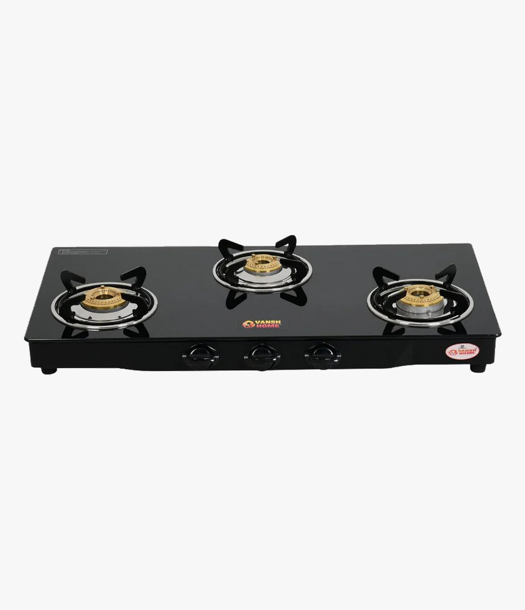 Vansh Homes Flamingo Black LPG Toughened Glass LPG 3 Burner Gas Stove