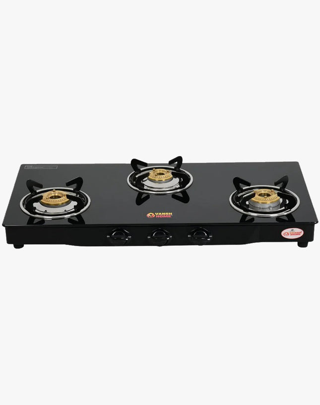 Vansh Homes Flamingo Black LPG Toughened Glass LPG 3 Burner Gas Stove