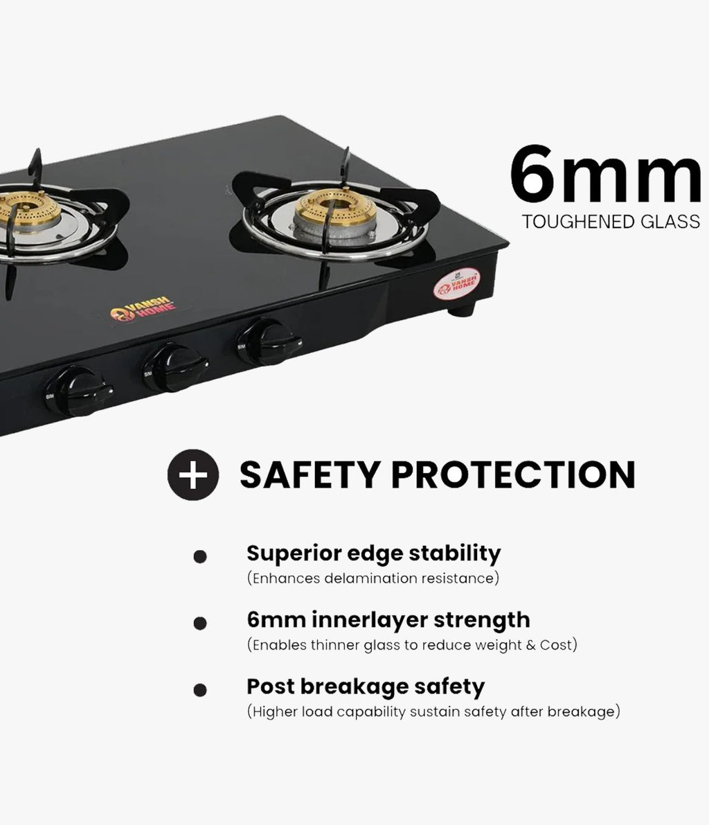 Vansh Homes Flamingo Black LPG Toughened Glass LPG 3 Burner Gas Stove