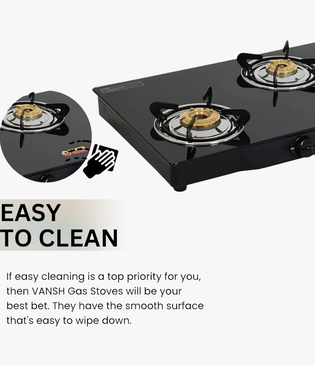 Vansh Homes Flamingo Black LPG Toughened Glass LPG 3 Burner Gas Stove