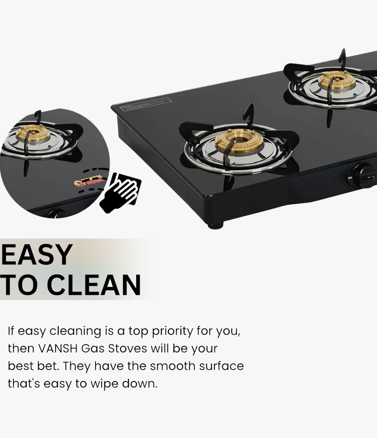 Vansh Homes Flamingo Black LPG Toughened Glass LPG 3 Burner Gas Stove