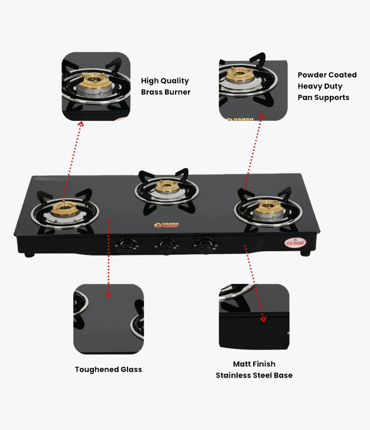 Vansh Homes Flamingo Black LPG Toughened Glass LPG 3 Burner Gas Stove