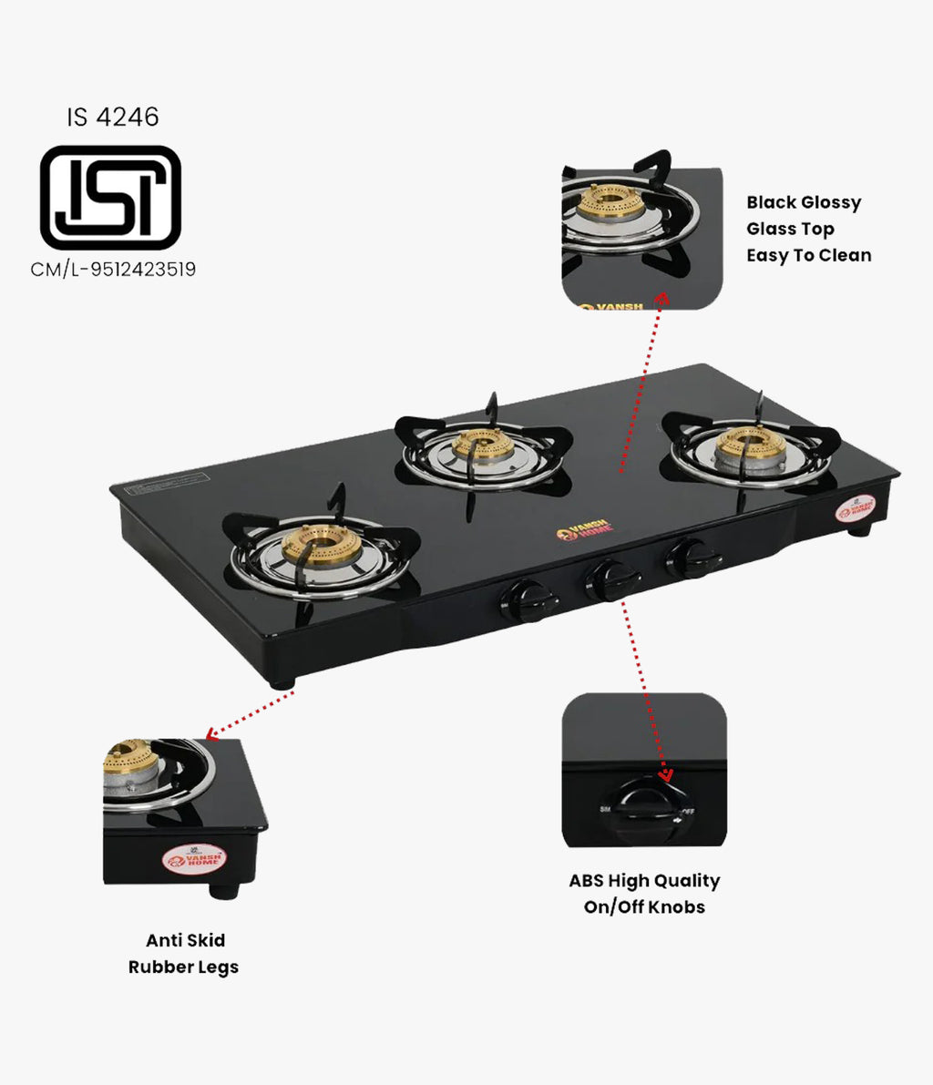 Vansh Homes Flamingo Black LPG Toughened Glass LPG 3 Burner Gas Stove