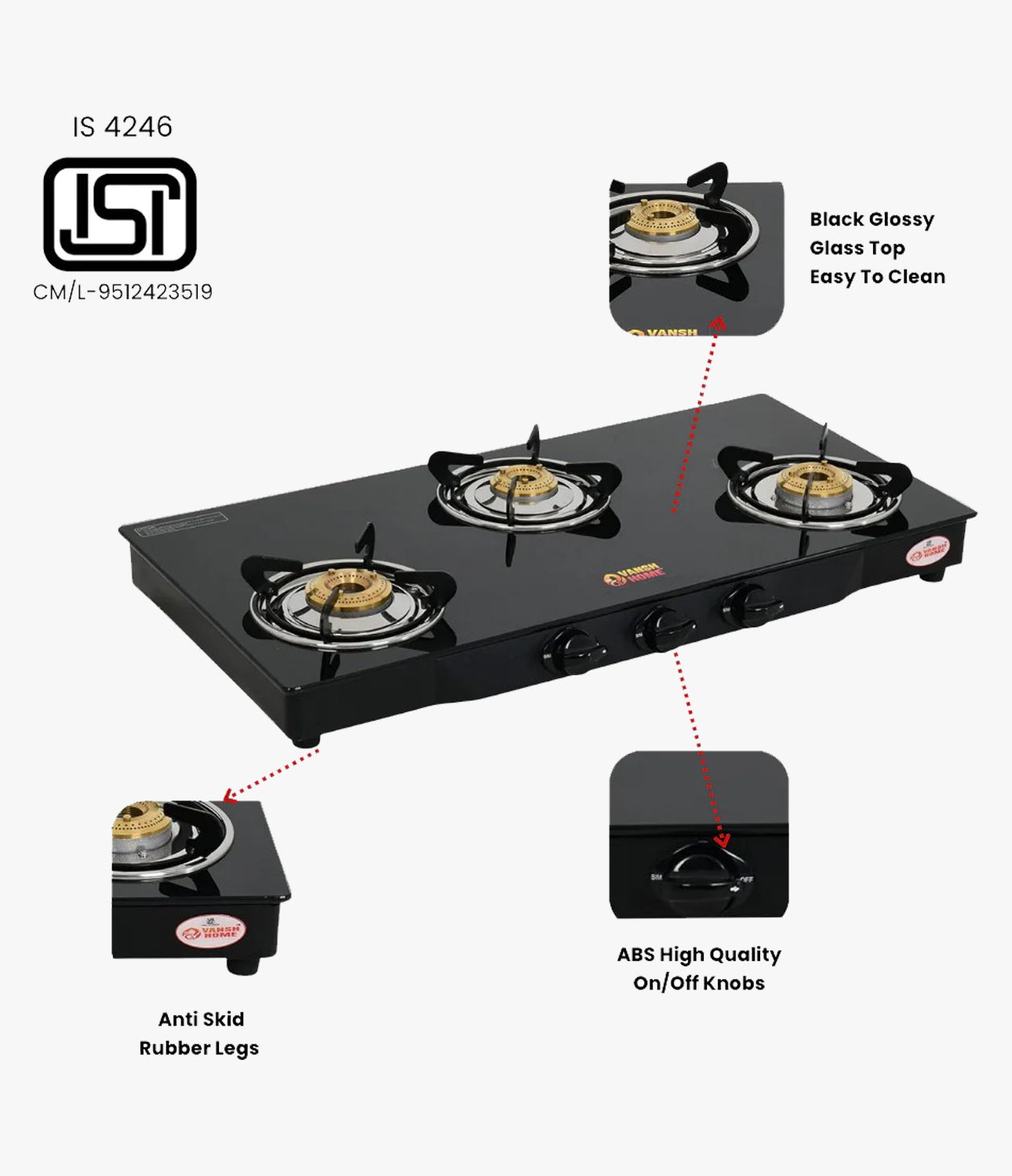 Vansh Homes Flamingo Black LPG Toughened Glass LPG 3 Burner Gas Stove